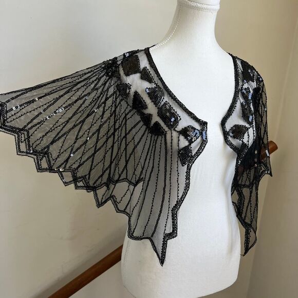 Sheer black beaded fishnet cape shawl topper Rachel Zoe flapper whimsygoth‎ - Picture 1 of 9
